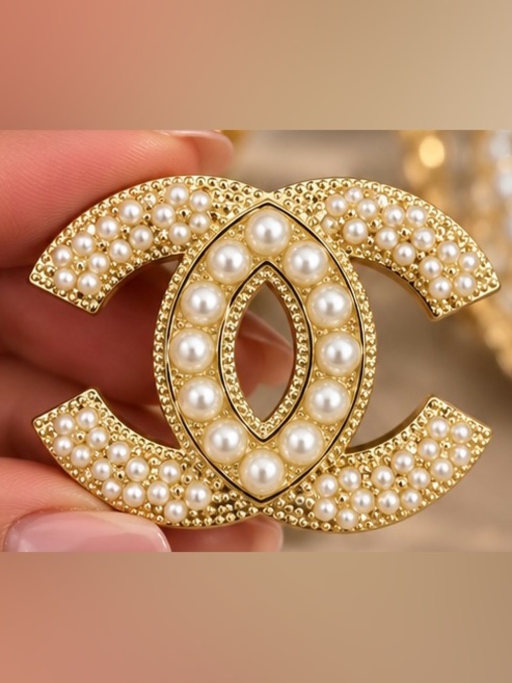 Gold Tone Pearl Statement Brooch Elegant Textured Double C Pin